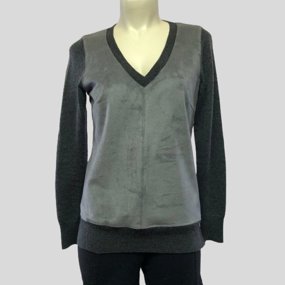NWOT Banana Republic Grey Suede V-Neck Sweater and Knit Merino Wool Blend Sz XS